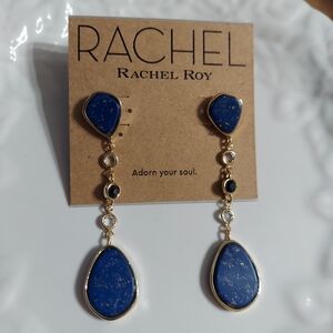 Rachel Roy Gold Tone/Elegant  Drop Earrings w/Faceted Crystals & Blue Stones
